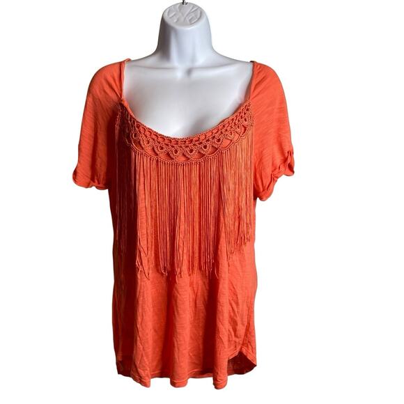 Hale Bob Women's Orange Crochet Fringe Top Size L Boho Vibrant Hippie Festival - Picture 1 of 10